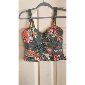 B.O.G. Collective | Quilted Ruched Peplum Top, Green Floral, Adjustable Straps